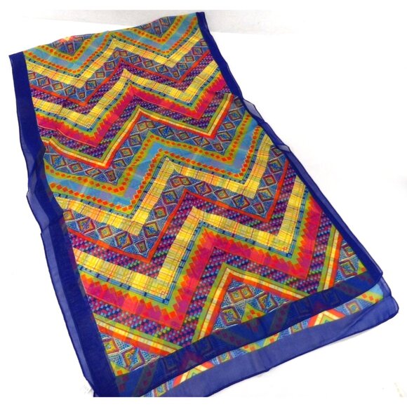 Blue Multi Geometric Color Print Silk Scarf 19X60" NEW - Picture 2 of 2